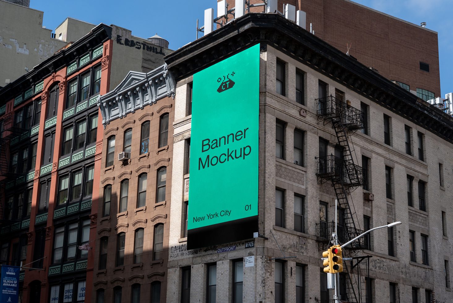 Urban billboard mockup on building corner with clear sky for advertising design presentation, outdoor media mockup, digital asset for designers.